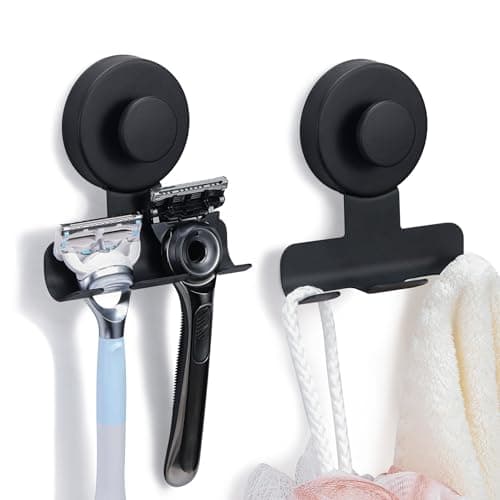 Fenas Suction Cup Razor and Shaver Holder for Shower Wall, Stainless Steel Reusable Suction Hook for Towel and Loofah, Damage-Free Installation (2, Matte Black) - Image 1