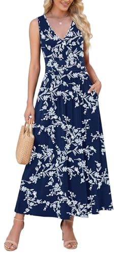 WEACZZY Cocktail Long Dresses Women's Maxi Dress Sleeveless V Neck Beach Undress with Pockets,White Navy,Medium - Image 1