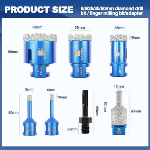 Diamond Core Drill Bit Set - 6/8/25/35/50mm Diamond Hole Saw & for Porcelain Tile Ceramic Marble Granite Drilling 10-25mm Diamond Finger bit with 5/8-11 Thread&Adapter - Thumbnail 2
