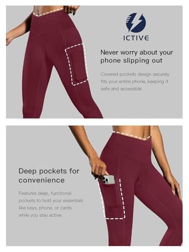 ICTIVE Women's Capris Yoga Pants with Pockets Crossover V Cross High Waisted Fitness Running Leggings Burgundy M - Thumbnail 5
