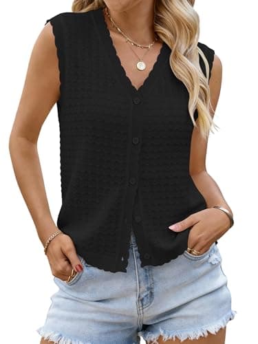 Bellcoco Womens Sleeveless V Neck Sweater Vest Crochet Knit Summer Tops Button Down Spring Cardigan Casual Outfits 2026 Black M - Image 1