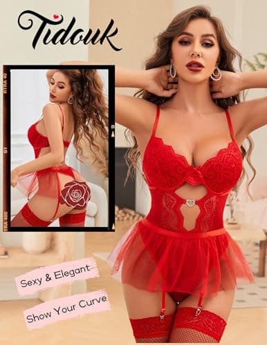 Tidouk Lingerie for Women Sexy Lace Lingerie Bodysuit Garter Lingerie Set with Detachable Mesh Mini Skirt(Red,X-Large) - Thumbnail 3