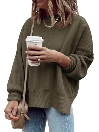 Imily Bela Womens Oversized Tunic Sweaters Fall Slouchy Long Sleeve Ribbed Knit Side Slit Pullover Jumper Dark Brown - Image 1