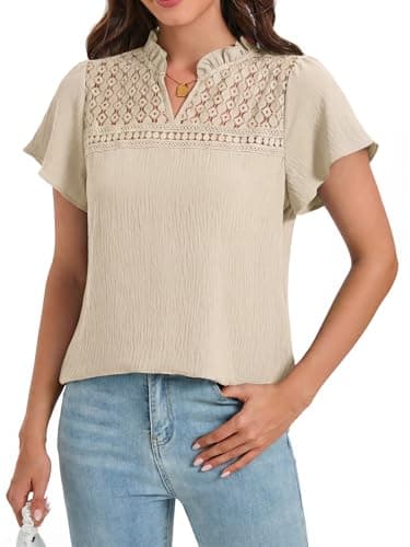 Funlingo Blouses for Women Dressy Casual Summer Short Ruffle Sleeve Eyelet Tops V Neck Hollow Out Lace Shirts Business Casual Outfits Khaki 2XL - Image 1