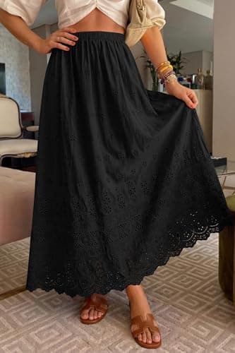 dowerme Women Summer Maxi Skirt Cute Elastic High Waist Boho Eyelet A-Line Cotton Flowy Long Skirts Spring Clothes 2026(Black,Medium) - Thumbnail 4