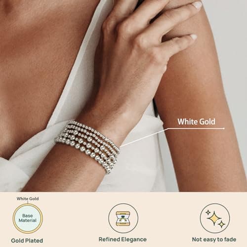 adoyi Silver Bracelets for Women, 14K Gold Plated Beaded Strand Bead Ball Bracelets stack Set Adjustable Set Trendy Non Tarnish Jewelry Sets for Gifts - Thumbnail 3