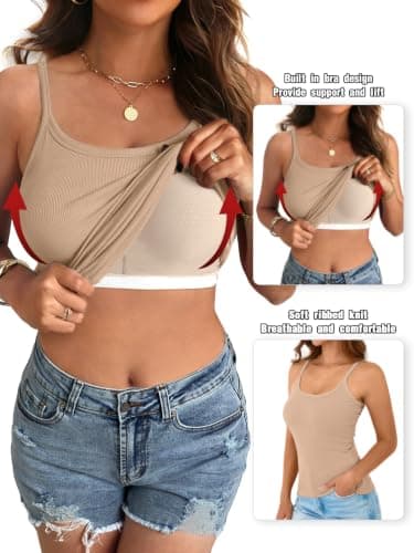 GKBK Women's Sleeveless Built in Bra Tank Top Form Fitting Scoop Neck Ribbed Knit Basic Padded Cami Shirts White Khaki S - Thumbnail 3