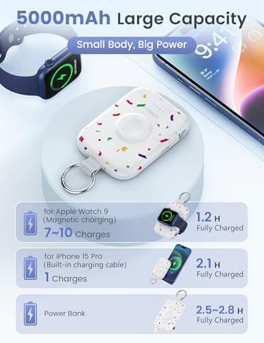 RORRY CharmGo Portable Charger, 5000mAh Portable Charger Power Bank with Built-in Cables, Travel Keychain Battery Pack for Apple Watch and iPhone Air/17/16/15/14/13/12, Confetti-White - Thumbnail 3