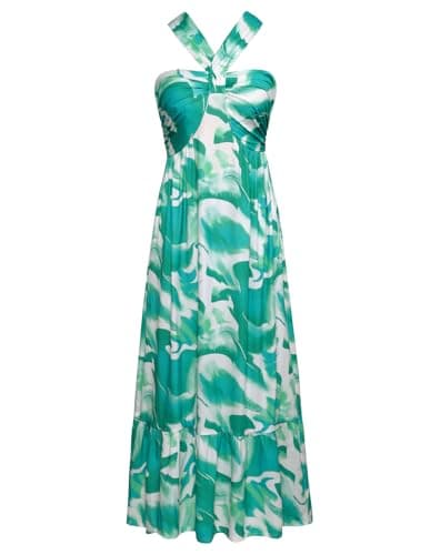 GRACE KARIN 2025 Summer Women's Criss Cross Halterneck Sleeveless Floral Print Flowy A Line Maxi Dress Green Watercolour XL - Image 1