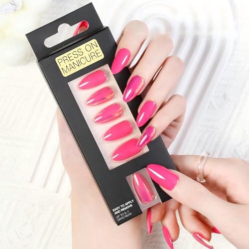 ZANVIA Nails Press Ons Almond - Hot Pink Glossy Iridescent Reusable Acrylic False Nails for DIY Manicure, 24 Nails in 12 Sizes with Glue, Adhesive Tabs, Nail File, Prep Pad, Manicure Stick - Thumbnail 2