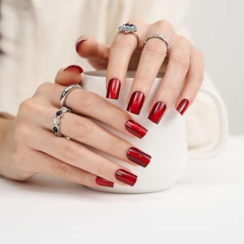 Burgundy Press On Nails Square - Cat Eye Fake Gel Nails, Glossy Sparkle Long-Lasting Chip-Free for Date Night or Fall Nails, 24 Pcs in 12 Sizes with Glue, Adhesive Tabs, File, Prep Pad, Manicure Stick - Thumbnail 2