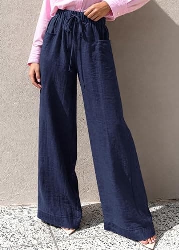 KIRUNDO Wide Leg Palazzo Pants for Women Summer High Waist Flowy Casual Trousers Lounge Pants Beach Vacation Travel Outfits (Navy Blue, XX-Large) - Thumbnail 5