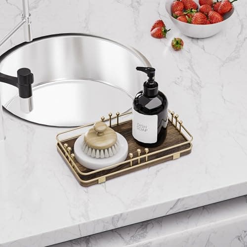 Pursura Bathroom Vanity Tray for Toiletries Makeup Perfume Candle Toilet Tank, Kitchen Tray for Soap Dispenser Spice Salt, Small Tray for Countertop Decor Coffee Nightstand 7.9”x4.4” Brown-Gold - Thumbnail 3