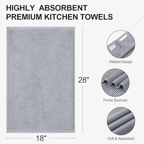 Homaxy Premium Kitchen Towels (18"x 28", 6 Pack), Large 100% Cotton Kitchen Hand Towels, Ultra Absorbent Ribbed Terry Tea Towels Set with Hanging Loop, Grey - Thumbnail 2