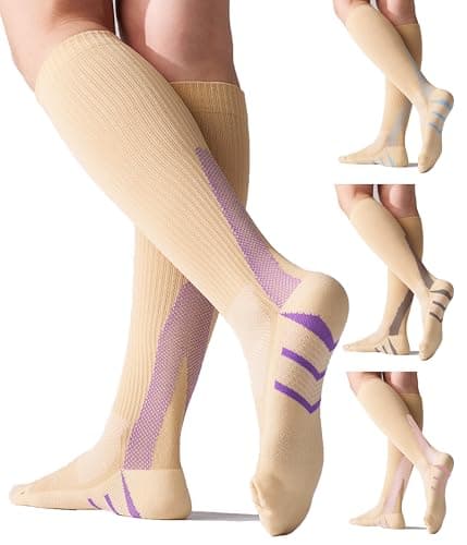 Mosithings 4 Pairs Compression Socks For Women 15-20mmHg Graduated Compression Circulation Support Socks For running and Athletic, Beige Mix,S/M - Image 1