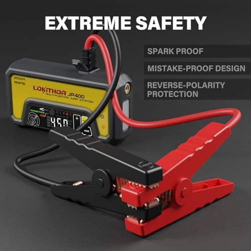 LOKITHOR JP400 Jump Starter with Air Compressor, 2500A 12V Portable Car Battery Booster Pack (8.5L Gas/6.5L Diesel) with ConnectMax Tech, 150PSI Tire Inflator, Auto-Shutoff & Dynamic Dwell (Yellow) - Thumbnail 5