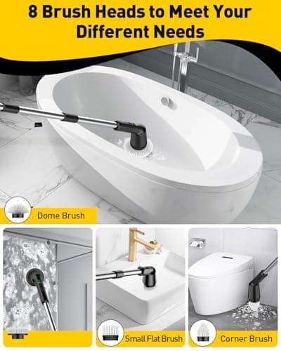 Shower Scrubber with Long Handle, Shower Cleaner Brush with 8 Brush Heads, Cordless Electric Spin Scrubber for Cleaning with 2 Speed, Cleaning Supplies for Bathroom Bathtub Kitchen Floor Tile Toilet - Thumbnail 4