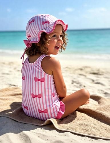 GEMLON Baby Swimsuit Girl Ruffled Color Block Stripe Bow Strap One Piece Bathing Suit with Hats 18-24 Month Swimsuit Girl - Thumbnail 3