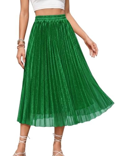 Gardenwed Pleated Midi Skirt for Women Aline Summer High Elastic Waisted Swing Skirts with Lining 2026 Casual Work Vacation Plus Size Green 2XL - Image 1