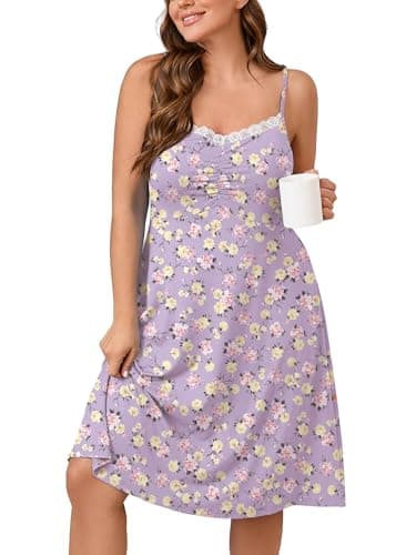AusLook Plus Size Women's Nightgown Yellow Pink Roses 1X Spaghetti Strap Sleepwear Soft Sleeveless Lace V Neck Cami Sleep Dress - Image 1