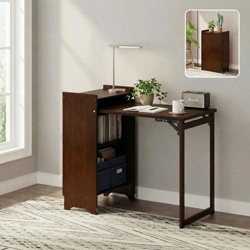 HDDFER Bamboo Folding Desk for Small Spaces,Hidden Desk with Storage Shelf, Foldable Computer Desk for Bedroom Home Office, Mid Century Modern Fold Out Table Writing Table, Walnut - Image 1