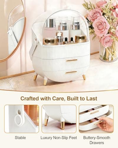 Bleutty Makeup Organizer with Drawers & Lid - Portable Large Cosmetic Storage Case for Vanity Countertop, Travel, Gift for Women, Girls, 11"×7"×15", White - Thumbnail 3