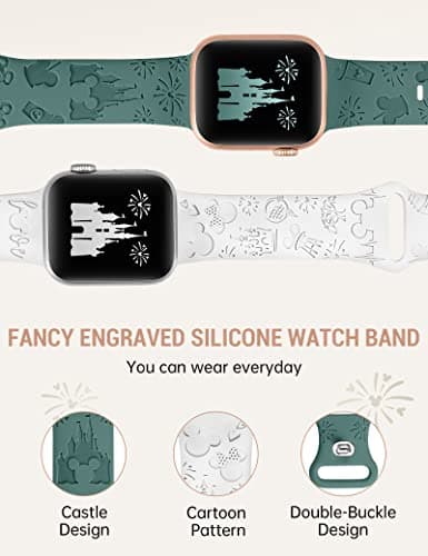 Girovo 2 Packs Cartoon Engraved Bands Compatible with Apple Watch Bands 49/46/45/44/42mm Women, Cute Designer Soft Silicone Strap for iWatch Series 11 10 9 8 7 6 5 4 3 SE/Ultra 3 2 1, White/Green - Thumbnail 3