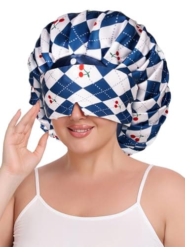 Vettres Pleated Silk Sleeping Bonnet with Eye Mask Double Layer Satin Hair Bonnets Sleep Cap for Curly Natural Hair Blue White Cherry - Thumbnail 2