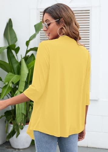 Heymoments Cardigan for Women Draped Yellow XXX-Large Open-Front 3/4 Sleeve Lightweight Casual Soft Drape Summer Fall Kimonos Cardigans - Thumbnail 5