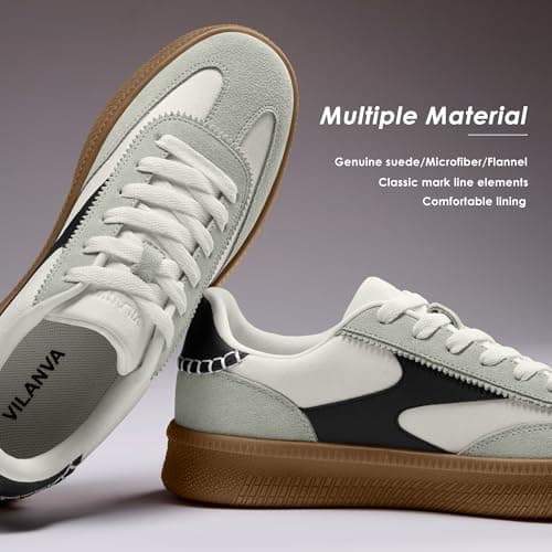 Vilanva Women's Fashion Sneakers Casual Tennis Shoes with Genuine Suede Classic Retro Gum Sole Walking Trendy Footwear White Multi - Thumbnail 4