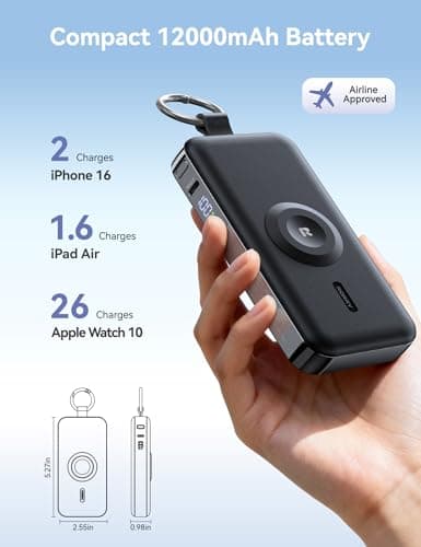 RORRY CharmGo Portable Charger, 12000mAh 30W Fast Charging Power Bank with Built-in Retractable USB C Cable, Battery Pack with Keychain, Travel Essentials for iPhone, Apple Watch, iPad, Black - Thumbnail 4