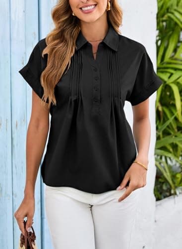 Dokotoo Blouses for Women Dressy Casual Short Sleeve Summer Spring Pleated Button Down Shirts Collared Neck V Neck T-Shirt Solid Tops Oversized Tshirt Teacher Shirts Business Ladies Black Tops Medium - Thumbnail 3