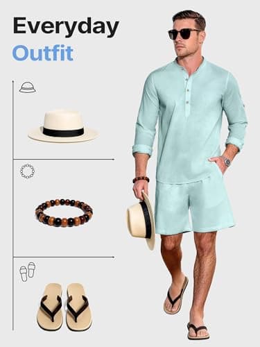 JEMLDL Men's 2 Piece 2 in 1 Linen Cotton Set Casual Long Sleeve Cuban Henley Shirt & Shorts Summer Vacation Outfits Light Green 3XL - Thumbnail 5
