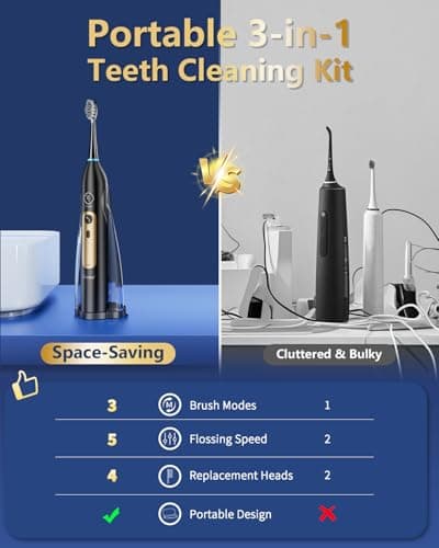 Electric Toothbrush with Water Flosser Combo, Professional Oral Care with 3 Brush Modes & 5 Water Pressure, Rechargeable Flossing Toothbrush for Adults Teeth Cleaning, Cordless for Home&Travel, Black - Thumbnail 5