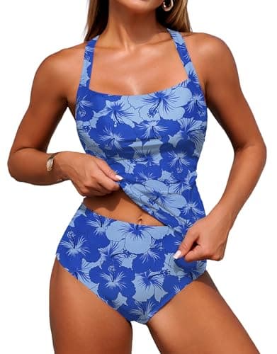 ZAFUL 2026 Tankini Swimsuits for Women Tummy Control Swimsuits Bathing Suits with Bottom Tankinis Swim Suit Royal Blue Flower 2XL - Image 1