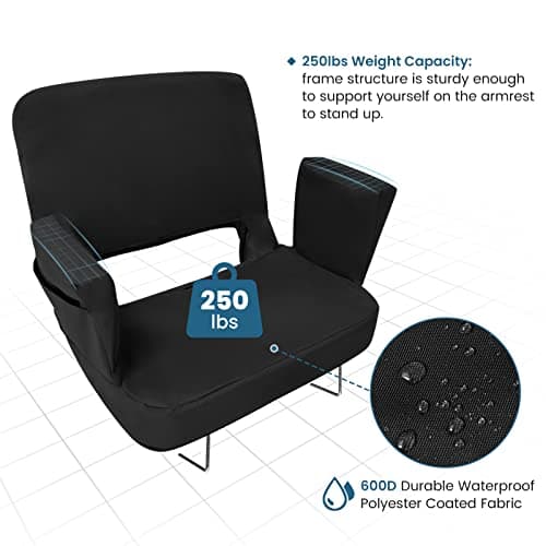 TOPSKY Stadium Seat for Bleachers with Back Support, 3-Position Reclining Stadium Chair with Armrests, Thick Padded Cushion, Foldable Bleacher Seat with Hooks(Black) - Thumbnail 4