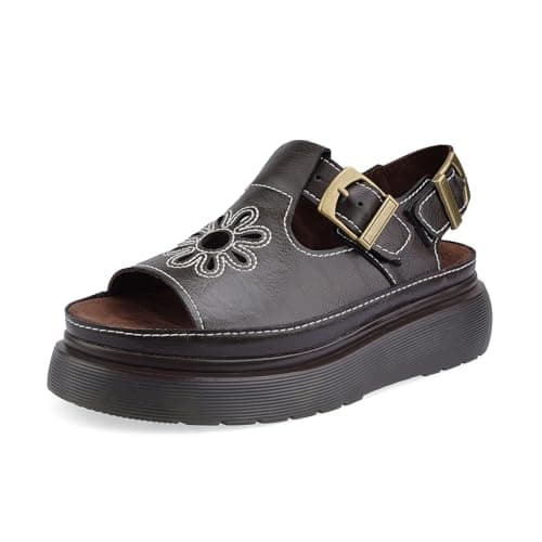 QIV Brown Flower Platform Sandals for Women – Open Round Toe T-Strap with Adjustable Buckle – Summer Comfort Walking Shoes in Fisherman Style Size 9.5 - Image 1