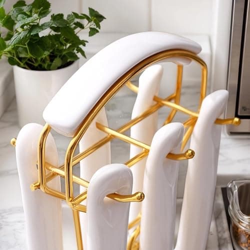 Novellus Stainless Steel Gold Kitchen Utensils Set with Holder, 7pcs White - Thumbnail 6