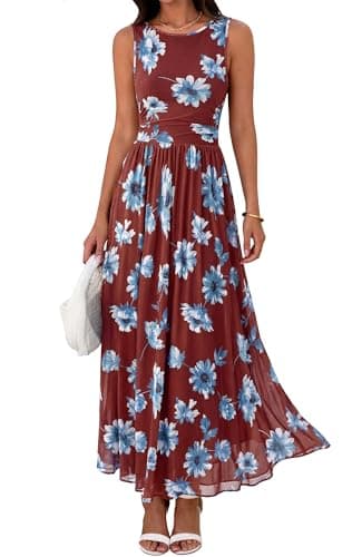 BTFBM Summer Dresses for Women 2026 Floral Maxi Dress Sleeveless Mesh Flowy Spring Wedding Guest Dress Long Sundresses(Brown Blue Flower, X-Large) - Image 1