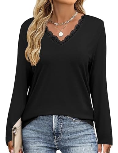 JUSTFASHIONNOW Winter Tops for Women V Neck Long Sleeve Shirts Trendy Lace Shirt Loose Fit Basic Tee Dressy Casual Work Office Outfits 2025 (Black,Medium) - Thumbnail 5