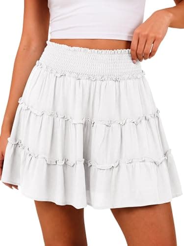 Caracilia Womens Mini Skirt Skorts Flowy High Waisted Ruffle Tiered Casual Summer Beach Short Skirts Built-in Shorts 2026 White Large - Image 1