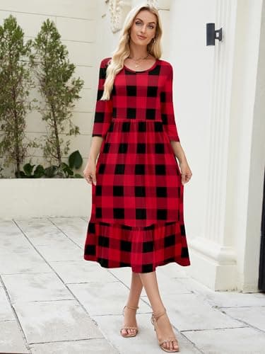Heymoments Women Dress Crewneck 3/4 Sleeves Red Plaid Medium Wedding Guest A line Casual Flowy Swing Party Vintage Spring Fall Winter Beach Travel 2026 Long Midi Dresses with Pockets - Thumbnail 4