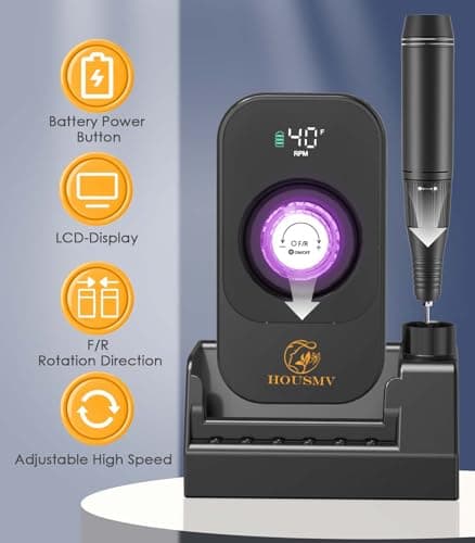 Portable Nail Drill Electric File: 40000RPM Professional Nail E-File for Acrylic Nails Remove Nail Gel Polish Manicure, Rechargeable Cordless Nail Drill Machine with Bits & Base for Salon Home, Black - Thumbnail 2