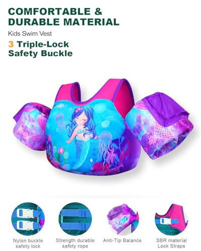 AEOCOO Puddle Float Jumper 20-30-50 Pounds, Toddler Swim Vest for 1-3-5 Years Old, Pool Floats with Swimming Arm Floaties Swim Jacket with Water Wings for Kids Swimmies, Boys, Girls, Niños, Mermaid - Thumbnail 5