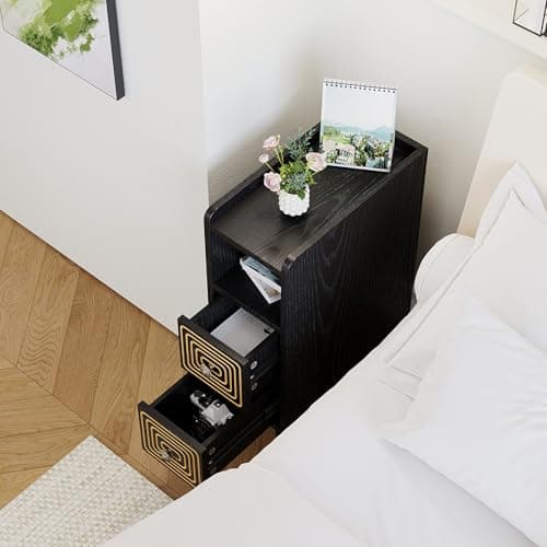 ALWXIA Nightstand Set of 2,Wooden Nightstand with Double Drawers and Open Storage Compartments,Carved Craft,Suitable for Bedroom,Living Room,Guest Room (Narrow nightstand-Black-03, 2 Packs) - Thumbnail 5