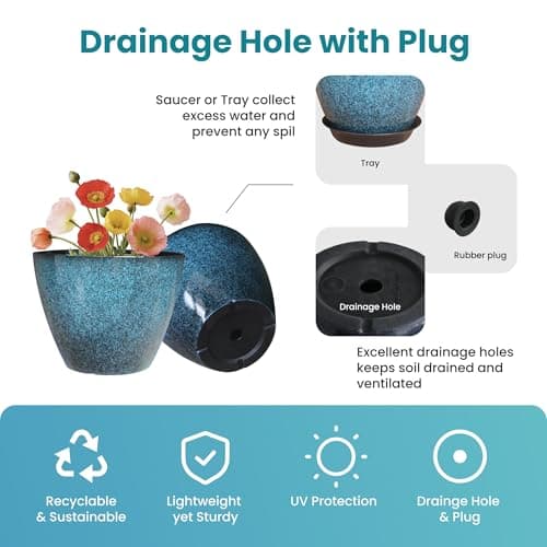 Vanslogreen 8 inch Plant Pots, Pack of 4 Plastic Planter for Indoor Outdoor Plant with Drainage Holes and Saucers, Flower Pots for Garden Home Decor (Blue, 4pcs) - Thumbnail 3