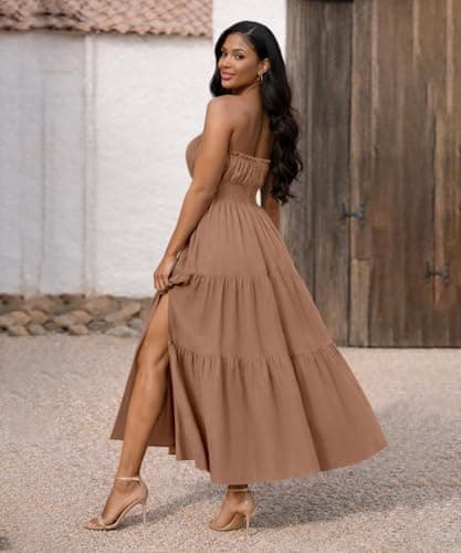 ABKY Off The Shoulder Dress Summer Strapless Tube Top Dresses Long Flowy A Line Side Slit Vacation Beach Holiday Party Outfit Khaki S - Thumbnail 5