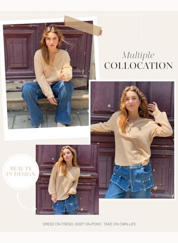 Dokotoo Women's Waffle Knit Tops Long Sleeve Button Down Shirts Boyfriend Sexy V Neck Loose Fit Tee Top Lightweight Solid Basic Beige Blouses for Business Outfits Medium - Thumbnail 5