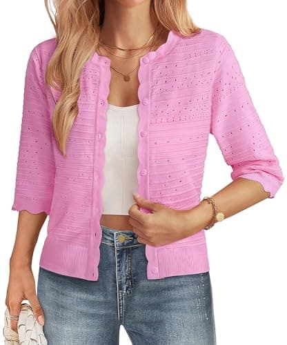 GRACE KARIN Womens Short Sleeve Cardigan Sweater, Lightweight Cotton Cardigan Trendy, Dressy Open Front Bolero Shrugs Pink - Image 1