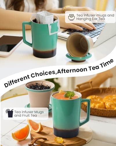 Foinly 15 oz Ceramic Tea Infuser Cup with Lid - Tea Mug with All Porcelain Strainer for Loose Leaf Teas,Microwave and Dishwasher Safe,Metal-Free,BPA-Free for Tea Lovers/Mother's Day(Green) - Thumbnail 6